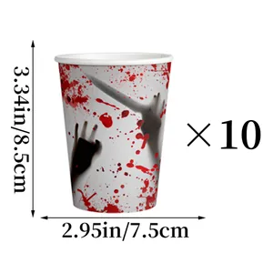 Detail view showing a 3.34-inch bloody handprint Halloween paper cup with size dimensions