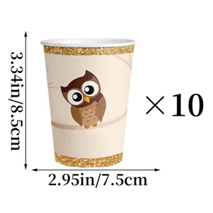 Detailed dimensions of jungle theme paper cup with cartoon owl and golden glitter rim