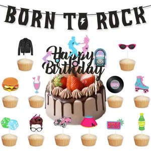 Detailliertes 50er Jahre Rock Party-Set mit Born to Rock Banner und Cupcake-Deko