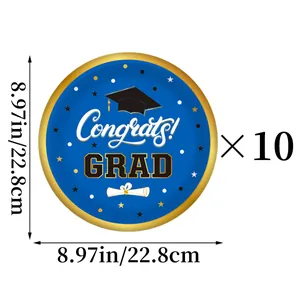 Detail of 10-piece graduation paper plates with Congrats Grad text and gold rim