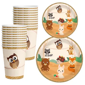 Woodland animal party tableware set with forest fox and bear printed plates and cups