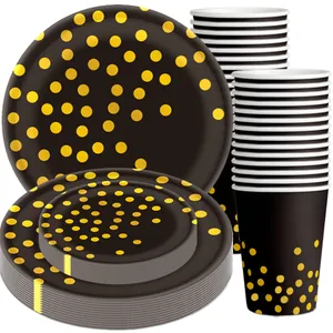 Set de vaisselle de fête noir à pois dorés avec assiettes en papier et gobelets pour anniversaire