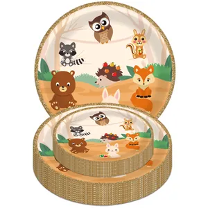 Jungle animal theme party plates set with forest fox and hedgehog cartoon patterns