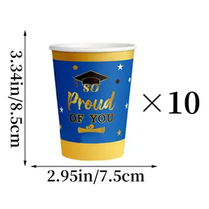 Detailed dimensions of 10-piece graduation paper cups featuring 'So Proud of You' text