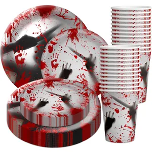 Halloween bloody handprint party tableware set with paper plates and cups for spooky events