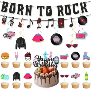 50er Jahre Rock'n'Roll Party-Set mit Born to Rock Banner und Retro Musik-Deko