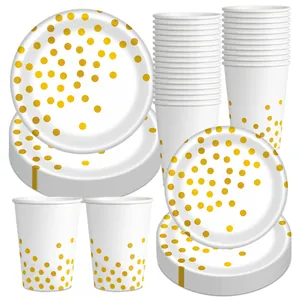 Vaisselle Jetable à Pois Blanc et Or Assiettes en Papier Gobelets Couteaux Fourchettes Cuillères en Plastique pour Anniversaire Mariage Fête Célébration Banquet