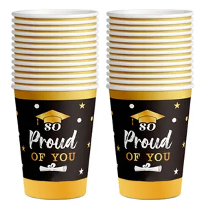 Disposable 2024 graduation paper cups with black gold So Proud Of You design