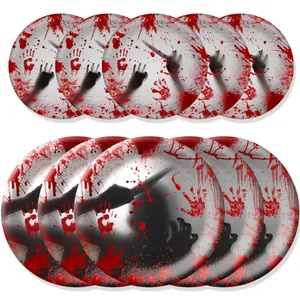 Halloween bloody handprint and knife silhouette party paper plates set of 10