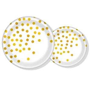 Ensemble d'assiettes en papier blanches avec pois dorés pour décoration de fête chic