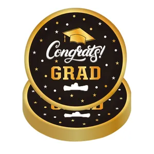 2024 Graduation party tableware set with black and gold paper plates and Congrats Grad design
