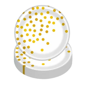 Assiettes jetables blanches à pois dorés pour décorations de fêtes d'anniversaire