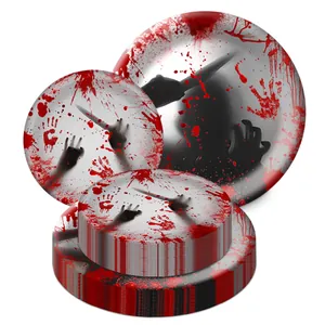Halloween disposable party paper plates set with red bloody handprints and silhouettes