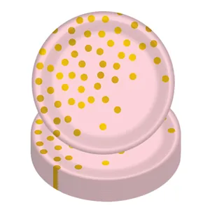 Assiettes jetables roses avec pois dorés pour décorations de fêtes d'anniversaire