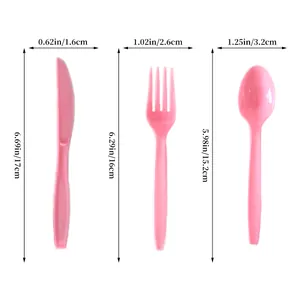 Dimensions du set de couverts roses en plastique pour fête avec couteau et fourchette