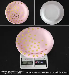 Détail des assiettes jetables 9 pouces à pois rose et or pour fêtes d'anniversaire