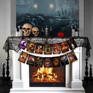Set de pancartas de Halloween con calabaza y bruja sobre una chimenea blanca decorada