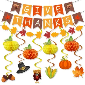 Thanksgiving Decorations Give Thanks Banner Maple Leaf Garland Pumpkin Honeycomb Hanging Swirls For Autumn Harvest Decor