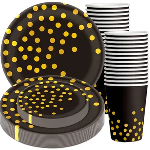 Service de Vaisselle Jetable à Pois Or Assiettes en Papier Gobelets Couteaux Fourchettes Cuillères en Plastique pour Anniversaire Nouvel An Décoration