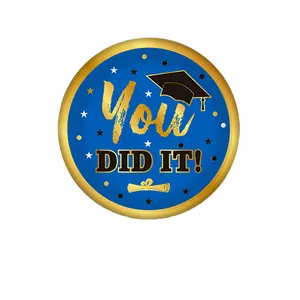 Blue and gold 7-inch graduation party paper plates featuring You Did It text 10-piece set