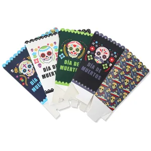Lot de 5 boîtes à pop-corn Jour des Morts avec motifs de têtes de mort sur fond blanc