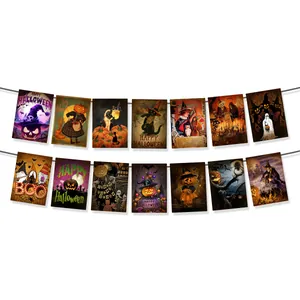 Pancarta vintage de Halloween con brujas y calabazas para decoración de pared festiva
