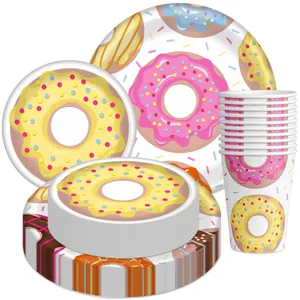 Summer donut themed party tableware set with paper plates and cups for birthdays