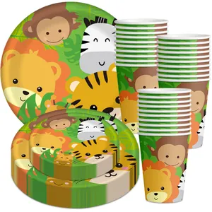 Kit vaisselle jetable thème jungle safari avec motifs de lion tigre et singe