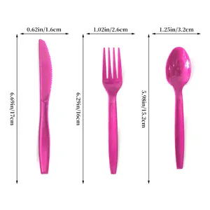 Detailed view of magenta plastic cutlery set including knife fork and spoon with dimensions