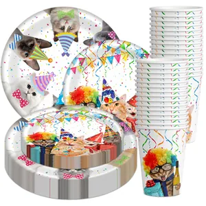 Cat Theme Birthday Party Disposable Tableware Set Cat Pattern Paper Plates Cups Plastic Cutlery For Kids Party Decoration