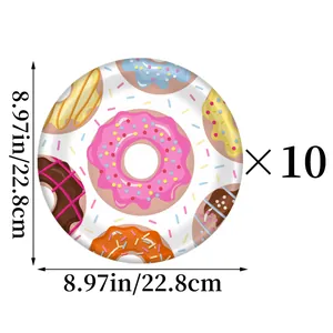 Detail view of 9-inch donut party paper plates set of 10 with colorful dessert patterns