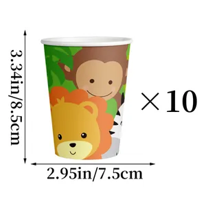 Vue détaillée des gobelets de fête jungle avec dimensions et quantité pour enfants