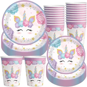 Unicorn Theme Disposable Party Tableware Paper Plates Cups Plastic Cutlery For Kids Birthday Floral Design Decoration