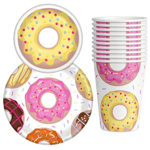 Colorful donut themed party tableware set with disposable paper plates and cups for birthdays