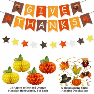 Thanksgiving party set with Give Thanks banner, pumpkin honeycombs and hanging swirls