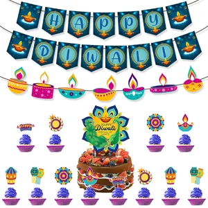 Complete Diwali party decoration set with Happy Diwali banner and cake toppers