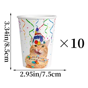 Detail showing dimensions and 10pcs set count for cat theme birthday party paper cups