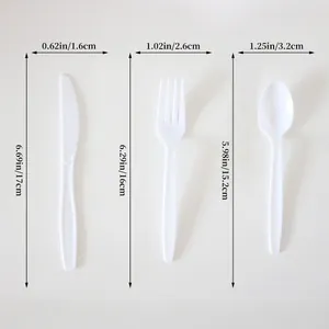 Detailed size specifications for disposable white plastic knife, fork, and spoon set