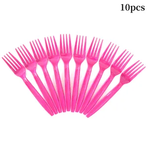 Set of 10 bright pink plastic forks for donut themed birthday party decorations