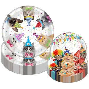 Cat theme party tableware set with Happy Birthday paper plates and festive cute cat designs