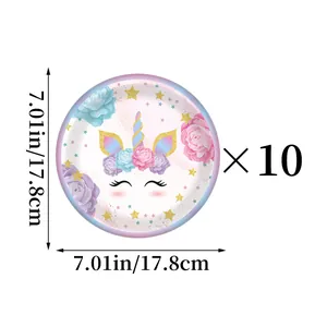 Close-up of a 7-inch unicorn party paper plate featuring floral patterns in 10-piece set