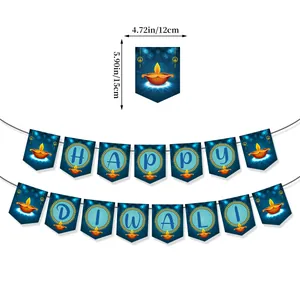 Blue Happy Diwali party banner with gold oil lamp patterns and bunting dimensions