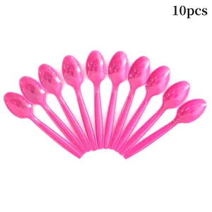 Set of 10 hot pink plastic party spoons arranged in a fan shape on a white background