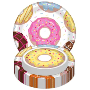 Donut themed paper plates set for birthday party decorations featuring colorful sprinkles
