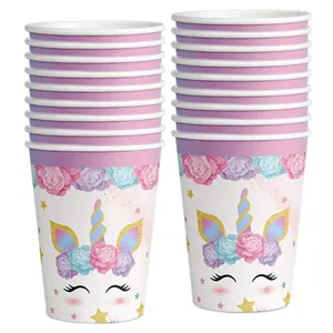 Unicorn theme disposable paper cups set for festive party decorations with floral graphics