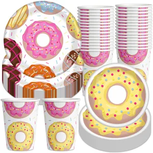 Donut Birthday Party Tableware Set Disposable Paper Plates Cups Rose Red Plastic Knives Forks Spoons For Kids Summer Party Decor Supplies