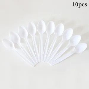 Set of 10 reusable white plastic spoons for pet parties and birthday celebrations