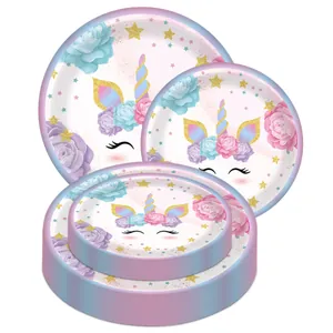 Disposable unicorn themed paper plate set with floral design for birthday parties