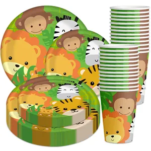 Vaisselle Jetable Thème Jungle Safari Anniversaire Animaux Dessin Animé Assiettes Papier Gobelets Couteau Fourchette Cuillère