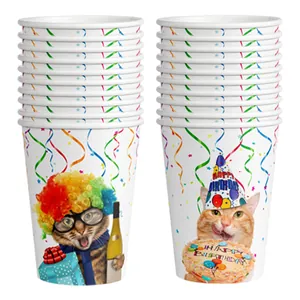 Cat themed happy birthday party paper cups featuring vibrant cats and rainbow decorations